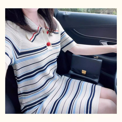 欧洲站新款小个子显高polo领裙子女夏季遮肚子减龄休闲条纹连衣裙