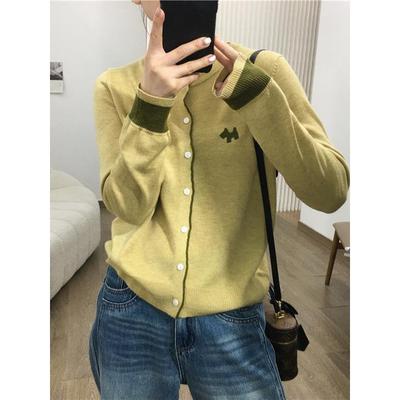 韩国复古羊毛针织开衫外套女秋冬撞色上衣时髦BF慵懒撞色休闲毛衣