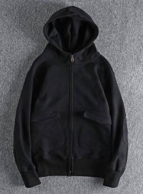 代购潮男秋冬重磅覆古纯色双拉炼开衫帽衫外套男加绒加厚连帽卫衣