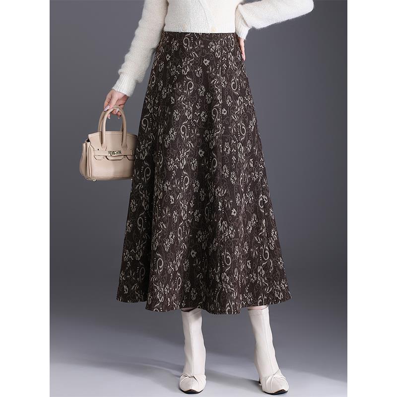 覆古印花半身裙女2025秋冬季中长款遮胯显瘦A字裙高腰大摆伞裙子