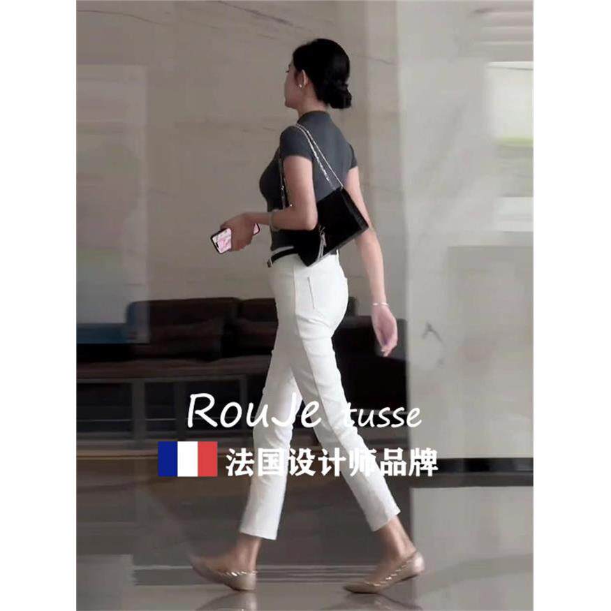 Rouje tusse白色法棍牛仔裤女显瘦窄版九分小个子八分直筒烟管裤
