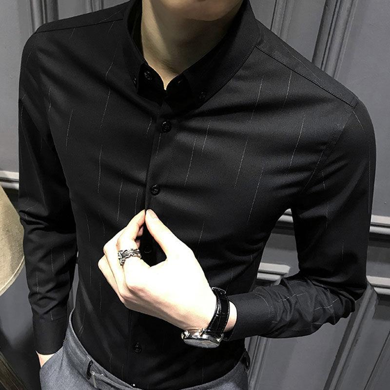 2026春季男士长袖衬衫商务免熨烫条纹修身衬衫韩版短袖休闲时尚男