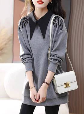 欧洲站秋冬女式中长运动衫2025新时尚宽松减龄长袖肥mm上衣潮流