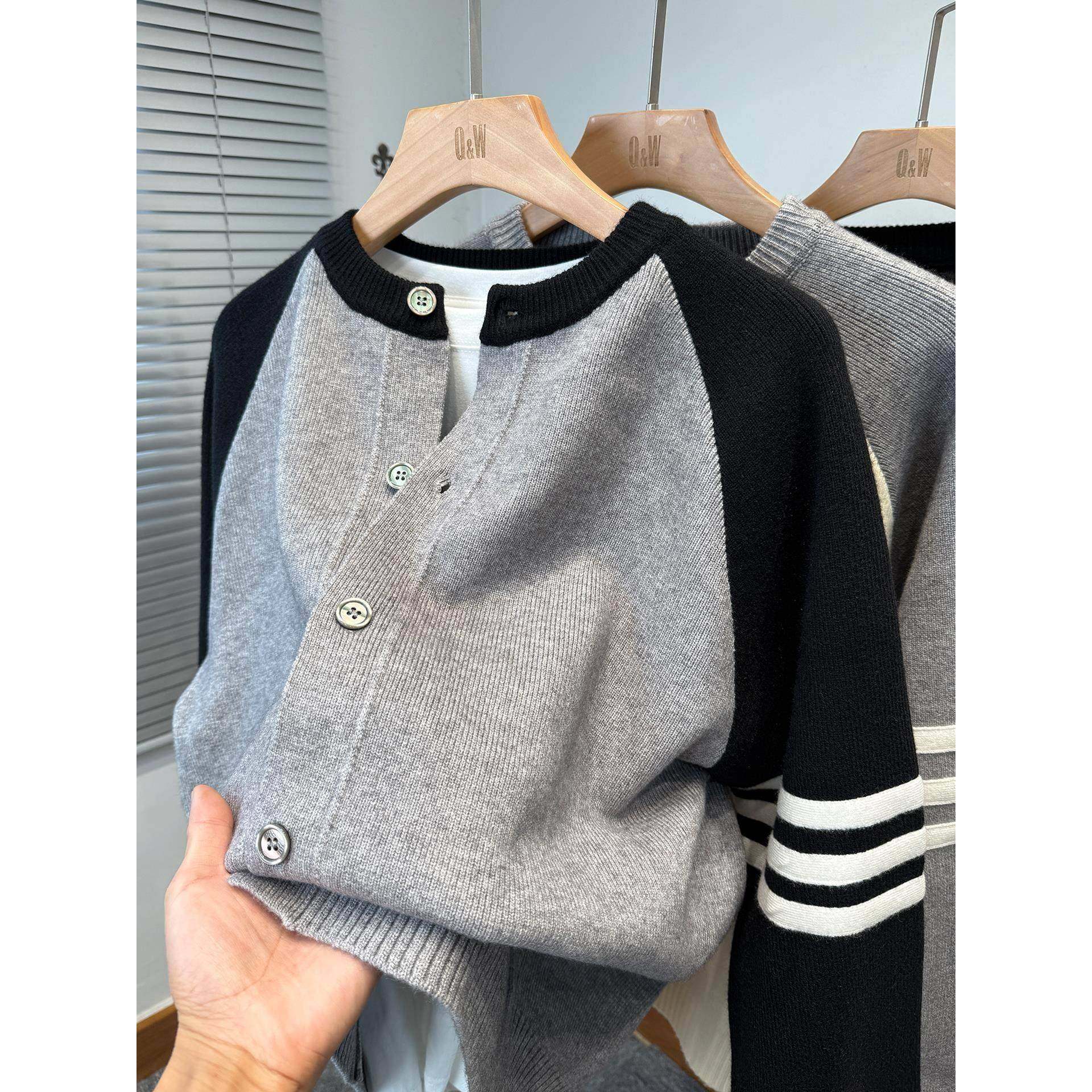 潮牌针织开衫男款秋冬季加厚毛衣外套男宽松拼色外搭圆领排扣上衣