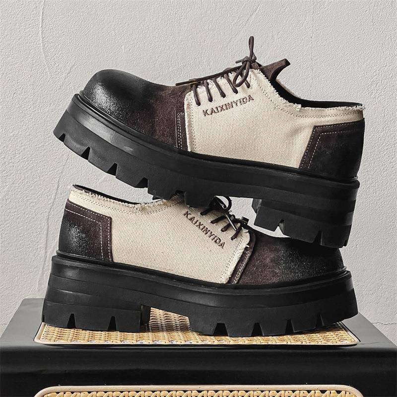 英伦风小皮鞋男2025春秋新款漆皮黑白拼色增高鞋小个子男鞋厚底鞋