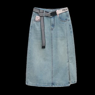 中长裙百搭绣花牛仔裙 显瘦A字裙韩版 Rouje tusse浅蓝色半身裙时尚