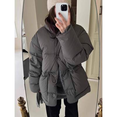 LEADINGLADY 韩系深灰色连帽羽绒服女短款收腰保暖加厚白鸭绒外套