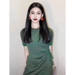欧洲站法式 气质绝美长款 修身 显瘦高级感包臀条纹针织连衣裙女夏季