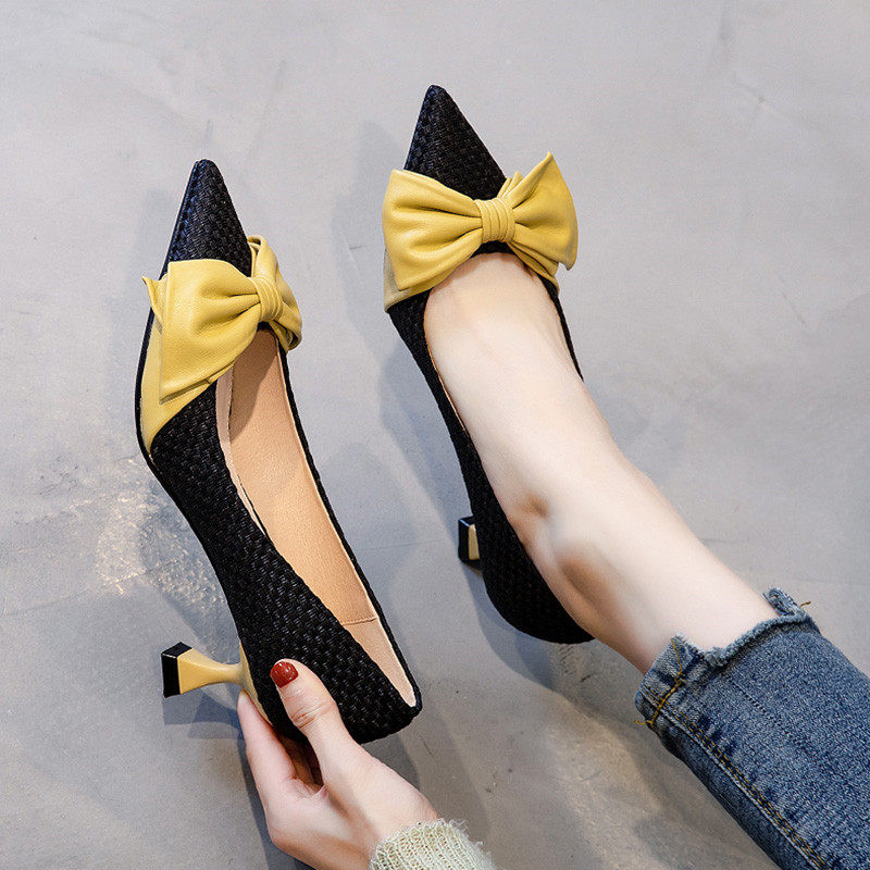 尖头高跟鞋女细跟3cm中跟春百搭浅口编织蝴蝶结拼色女鞋单鞋