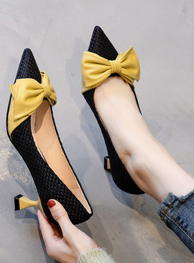 尖头高跟鞋女细跟3cm中跟春百搭浅口编织蝴蝶结拼色女鞋单鞋