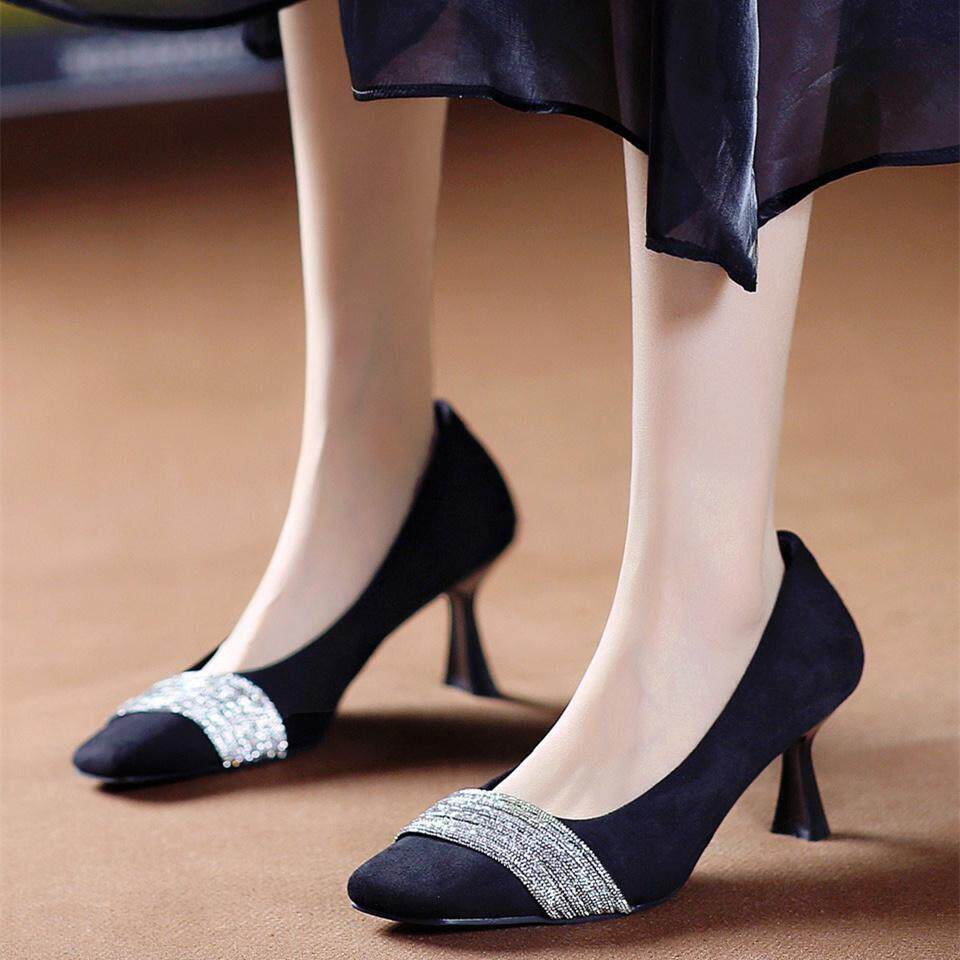 法式真皮水钻高跟鞋方头细跟百搭女鞋通勤气质单鞋职业浅口工作鞋