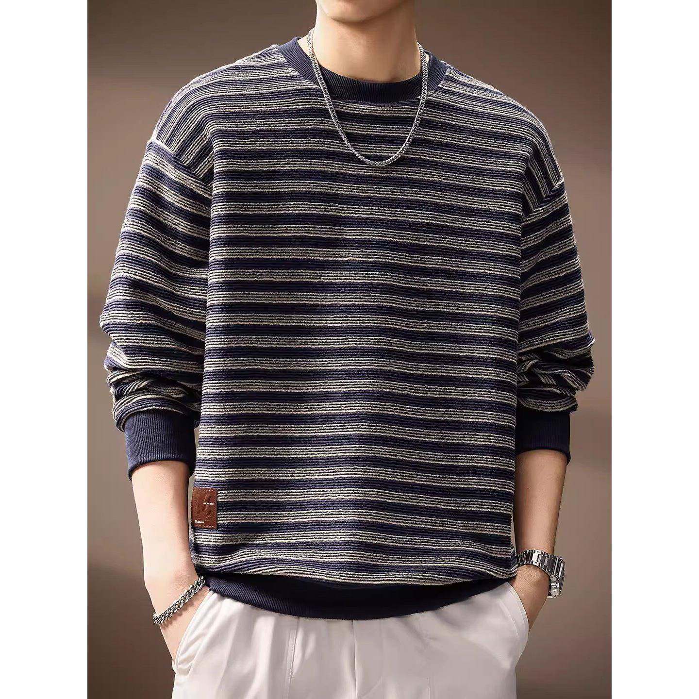 高端秋季新款条纹重磅长袖卫衣男潮牌日系覆古百搭休闲宽松打底衫