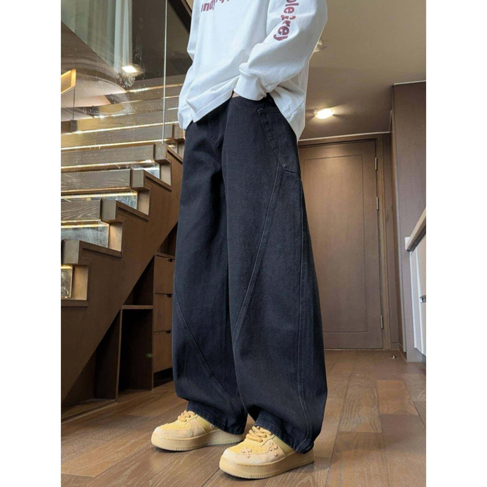 潮牌黑色工装牛仔裤男款春秋美式高街新款宽松直筒阔腿男士长裤子