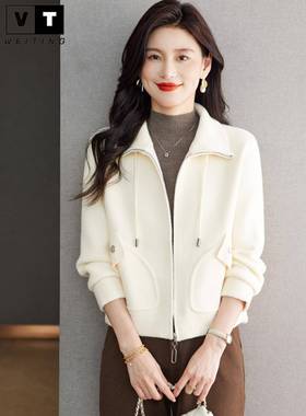 WEI TING休闲翻领短款针织外套女春秋2025新款宽松洋气棒球服开衫