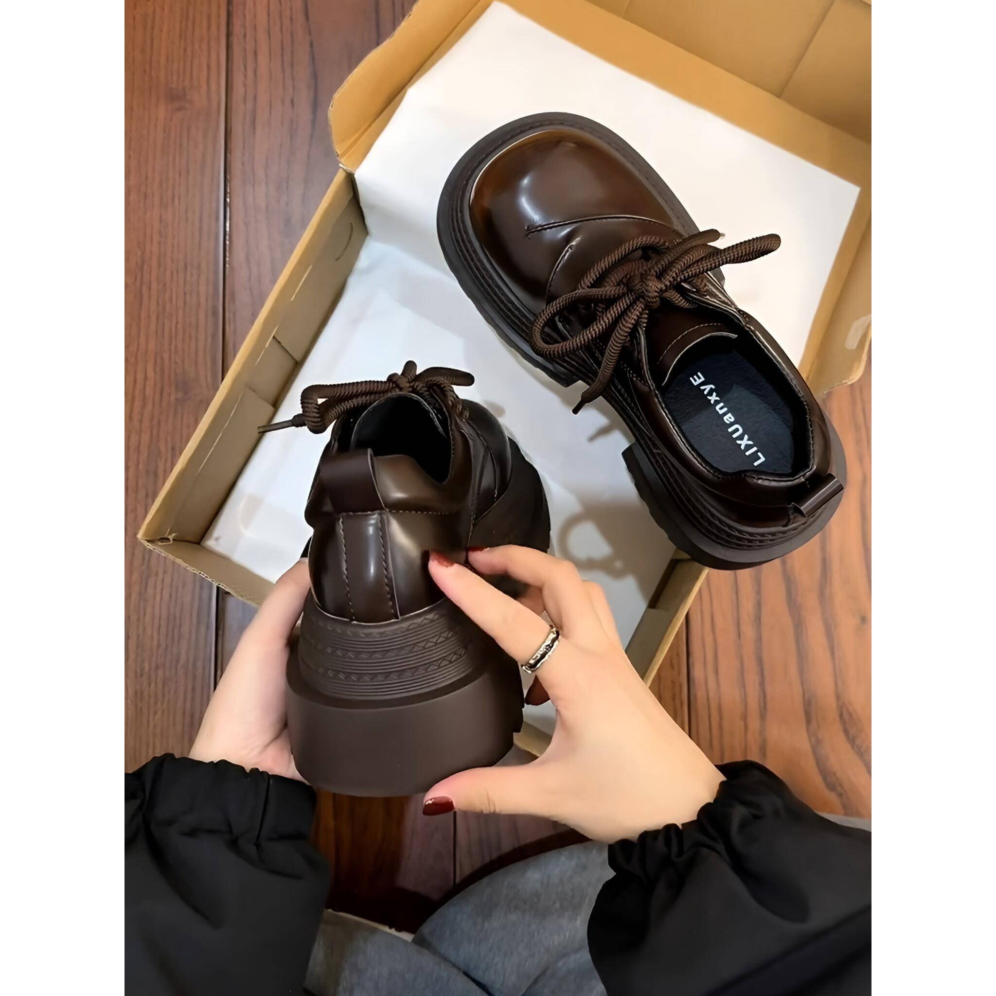 专柜覆古英伦风大头小皮鞋女2025春季新款厚底系带乐福鞋增高单鞋