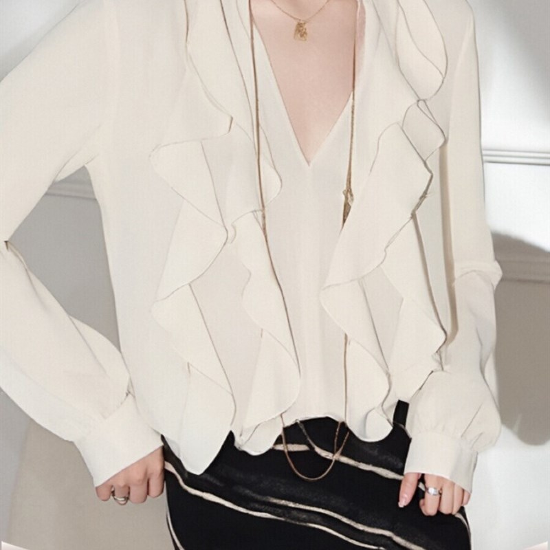 Designer Uncle/法式轻奢风荷叶边设计感衬衫女气质V领通勤风上衣