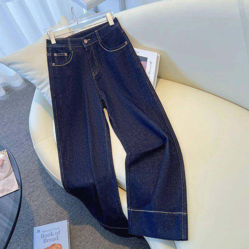 香港TIMO深蓝色阔腿牛仔裤女春2025新款小个子九分裤窄版直筒裤子