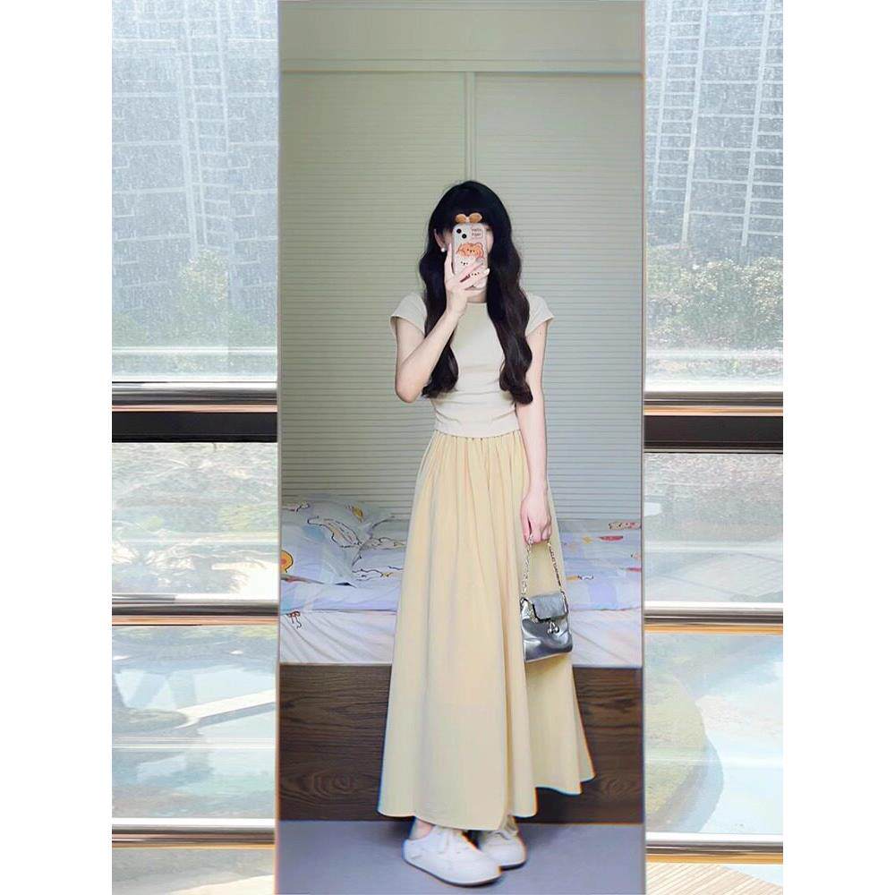 FAshi 2025新款法式简约休闲长裙气质显瘦连衣裙子半身裙两件套装