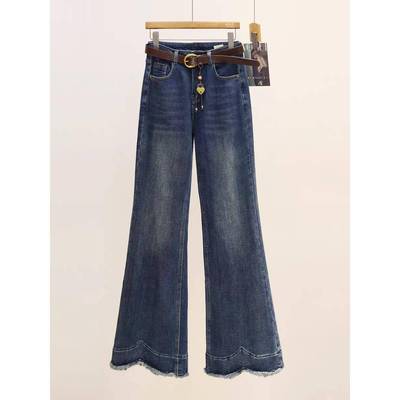 韩国薄绒高腰微喇牛仔裤女加绒秋冬新款辣妹显瘦百搭毛边喇叭裤裤