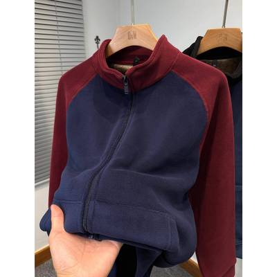 重磅奥粒绒外套男款秋冬季加绒加厚拼色插肩袖保暖立领开衫卫衣男