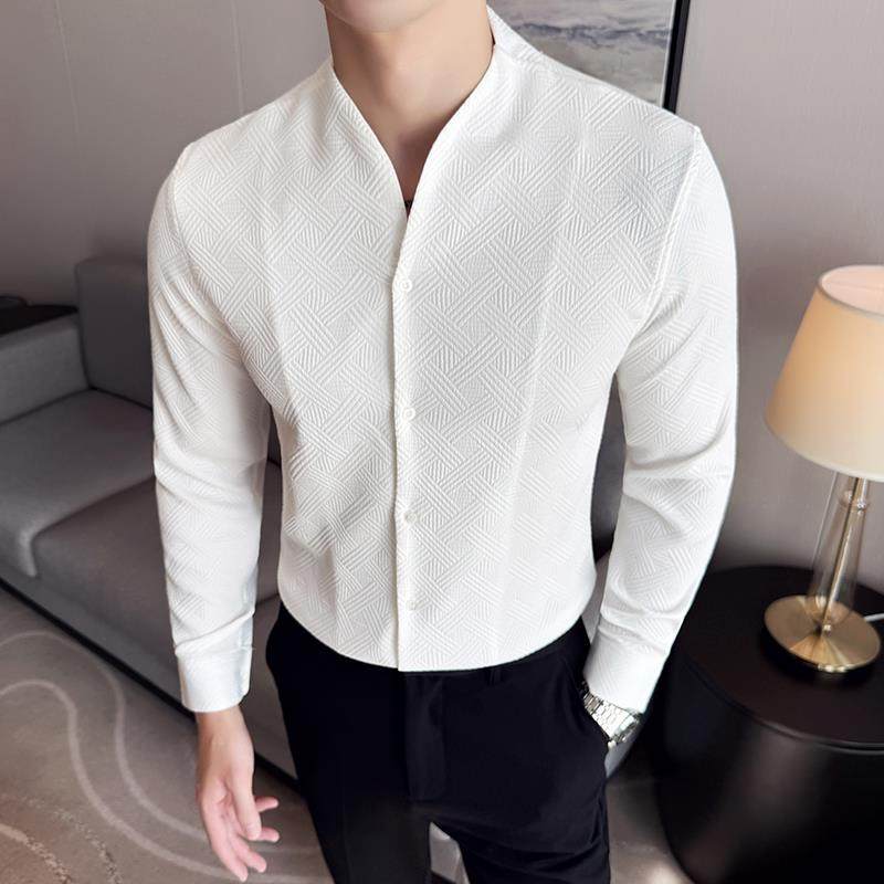 高端轻奢中山装男士2025新款无领衬衫长袖新中式秋季修身立领衬衣