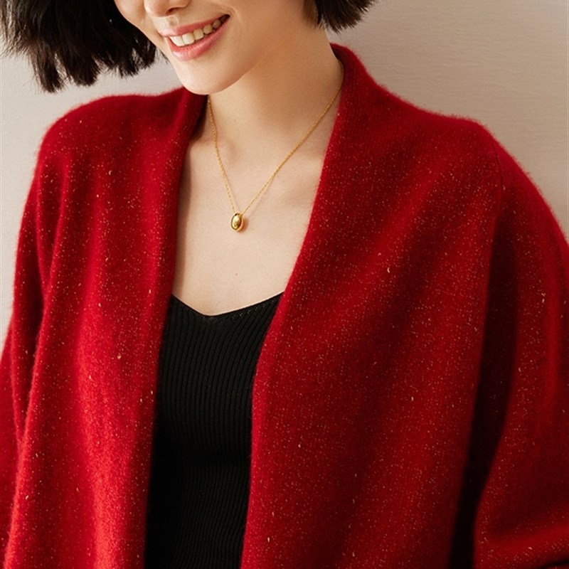 高端轻奢山羊绒开衫女金银豆彩纱蝙蝠袖设计感秋冬款披肩外套毛衣