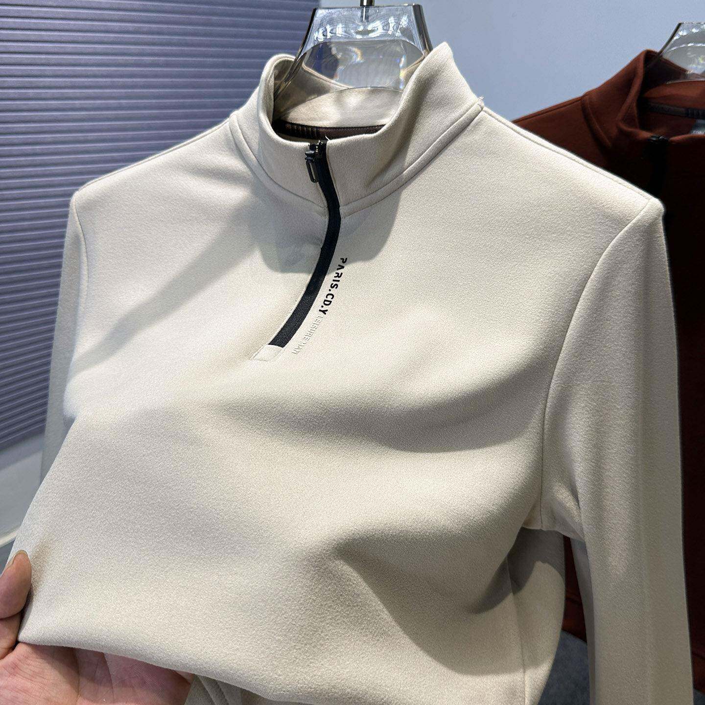 MAROLIO~高端德绒半高领打底衫男秋冬半拉炼立领长袖t恤内搭卫衣