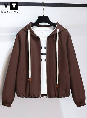 WEI TING美拉德棕咖色连帽棒球服外套女春秋款冲锋衣女士休闲夹克
