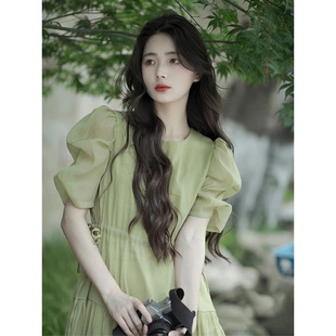 欧洲站夏季 茶歇高级感绝美度假绿色收腰显瘦连衣裙女 2025新款 法式