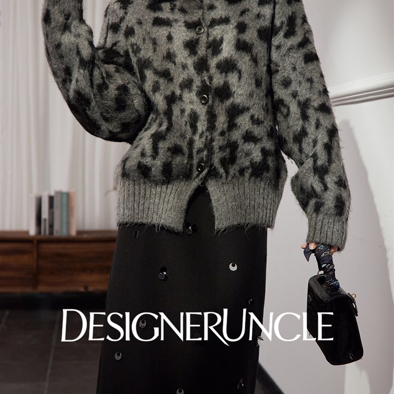 DGU灰野豹纹毛衣女2025秋季新款宽松显瘦百搭高级感潮流上衣