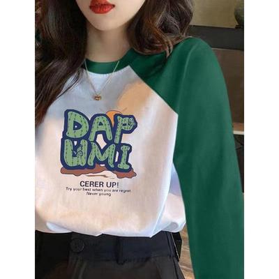 欧洲站插肩袖T恤女2025新款春秋冬撞色加绒宽松大码打底衫上衣潮