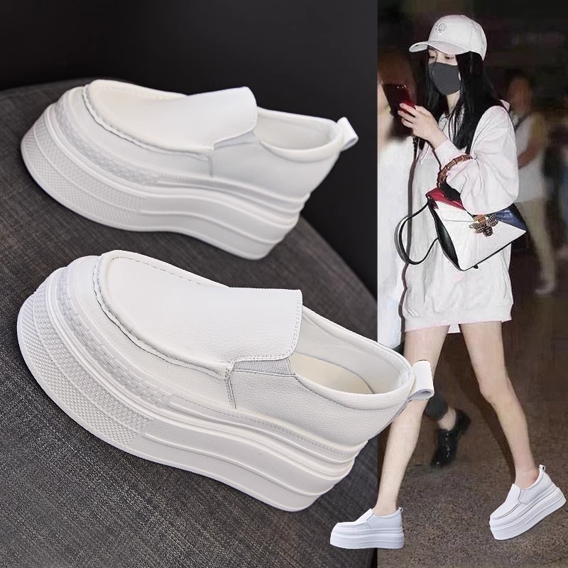 香港真皮小白鞋女2025夏季厚底松糕一脚蹬懒人乐福鞋百搭休闲单鞋