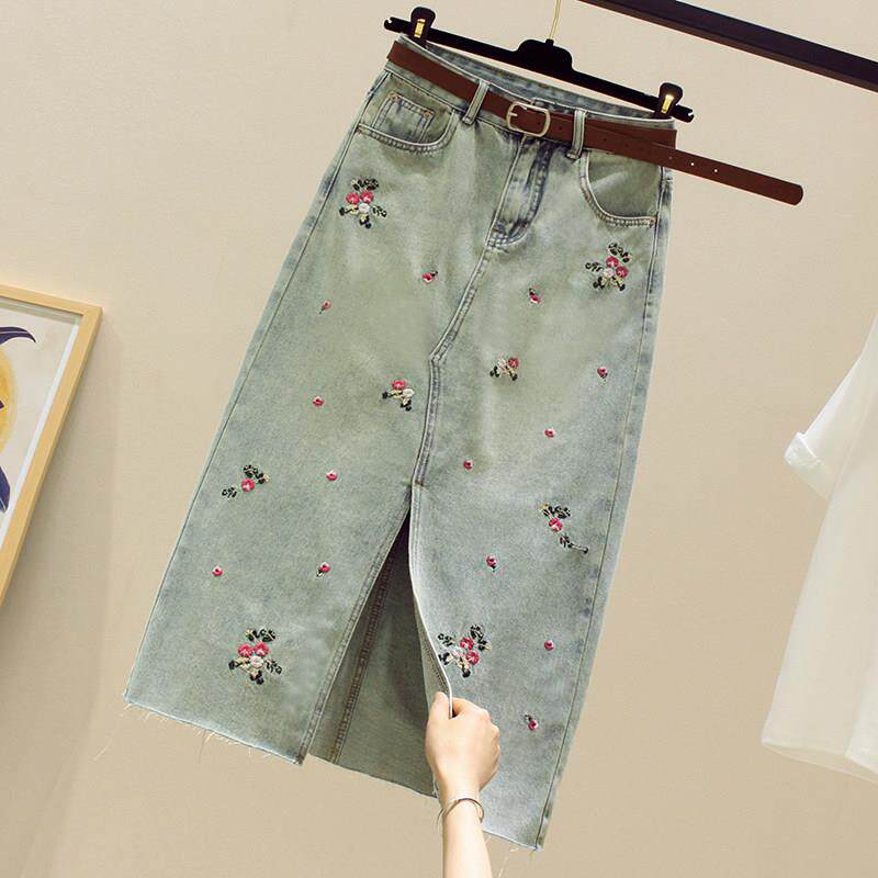 复古刺绣牛仔水洗半身裙女小个子中长款开叉高腰显瘦a字包臀裙子