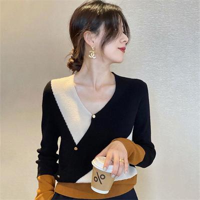 专柜拼接v领打底衫女2025春秋新款设计感小众针织衫修身内搭上衣