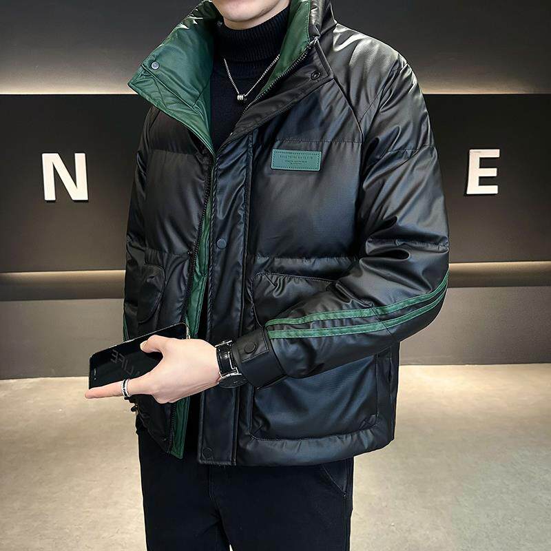 正品香港潮牌皮羽绒服男立领加厚潮牌冬季新款修身短款鸭绒袄子男