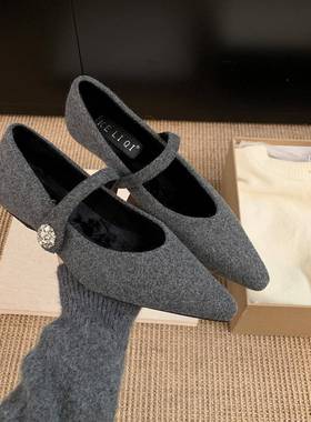 香港低跟坡跟尖头单鞋女鞋子2025年冬季加绒百搭晚晚玛丽珍毛毛鞋
