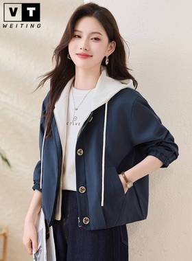 WEI TING假两件拼色连帽外套女春秋季2025新款宽松休闲短款夹克衫