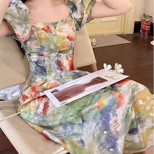连衣裙子 欧洲站2025夏季 新款 高级感艺术油画风法式 收腰气质泡泡袖