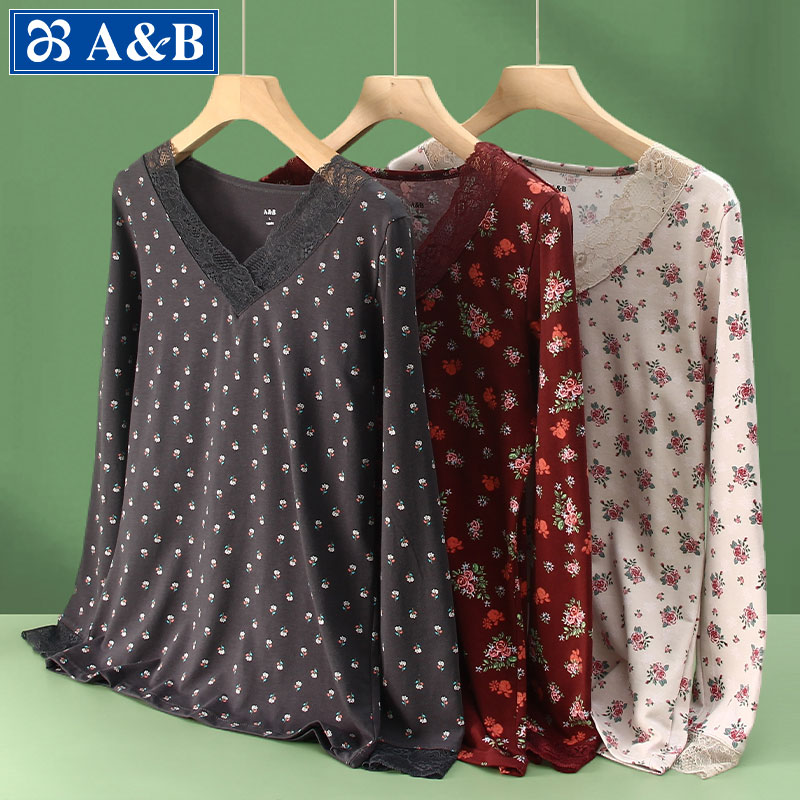 AB纯棉V领蕾丝边保暖秋衣