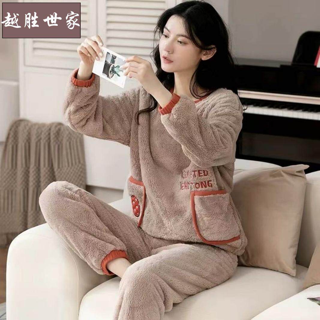 睡衣女2025年新款冬季圆领保暖网红珊瑚绒加厚加绒法兰绒家居服