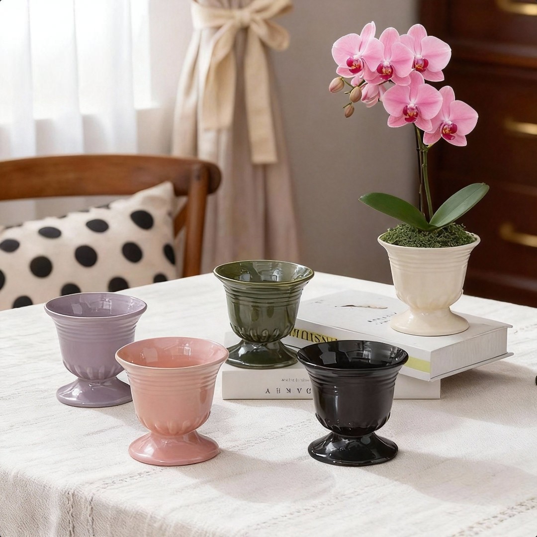 欧式文心兰梦香兰兜兰陶瓷花盆宝绿色浮雕奖杯中古北欧家居摆件,家居饰品,花盆,淘宝优惠券,粉丝福利购,淘宝优惠卷
