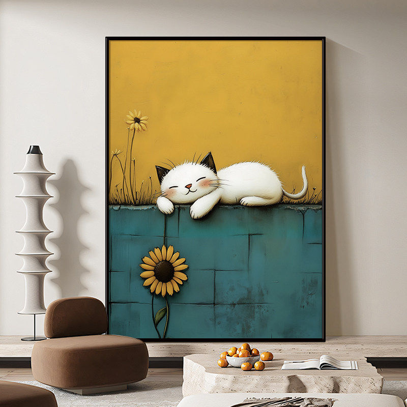 向阳》慵懒猫咪美式复古装饰画客厅手绘油画现代玄关挂画沙发背景