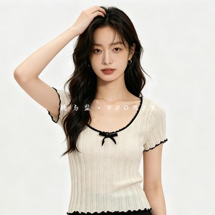 糖与盐FLORET 蝴蝶结针织冰丝短袖T恤女夏季修身撞色花边短款上衣