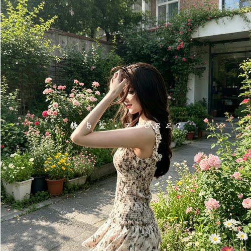 糖与盐FLORET 复古碎花裙女26夏季新款松紧腰纯欲一字肩显瘦短裙