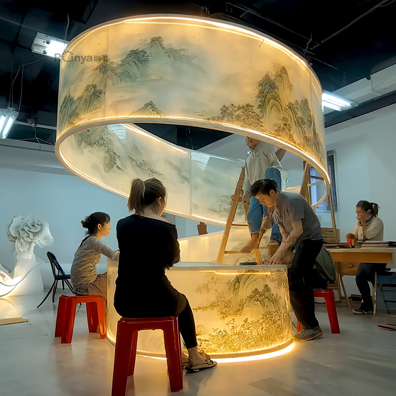 定制新中式发光飘带弧形胶片博物馆美陈布置宋式古画吊顶发光灯