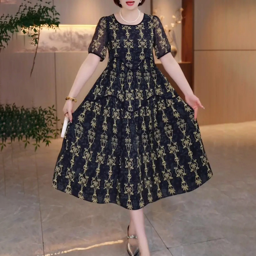胖妈妈夏装大码洋气连衣裙中长款中老年女宽松显瘦裙子宽松遮肚子