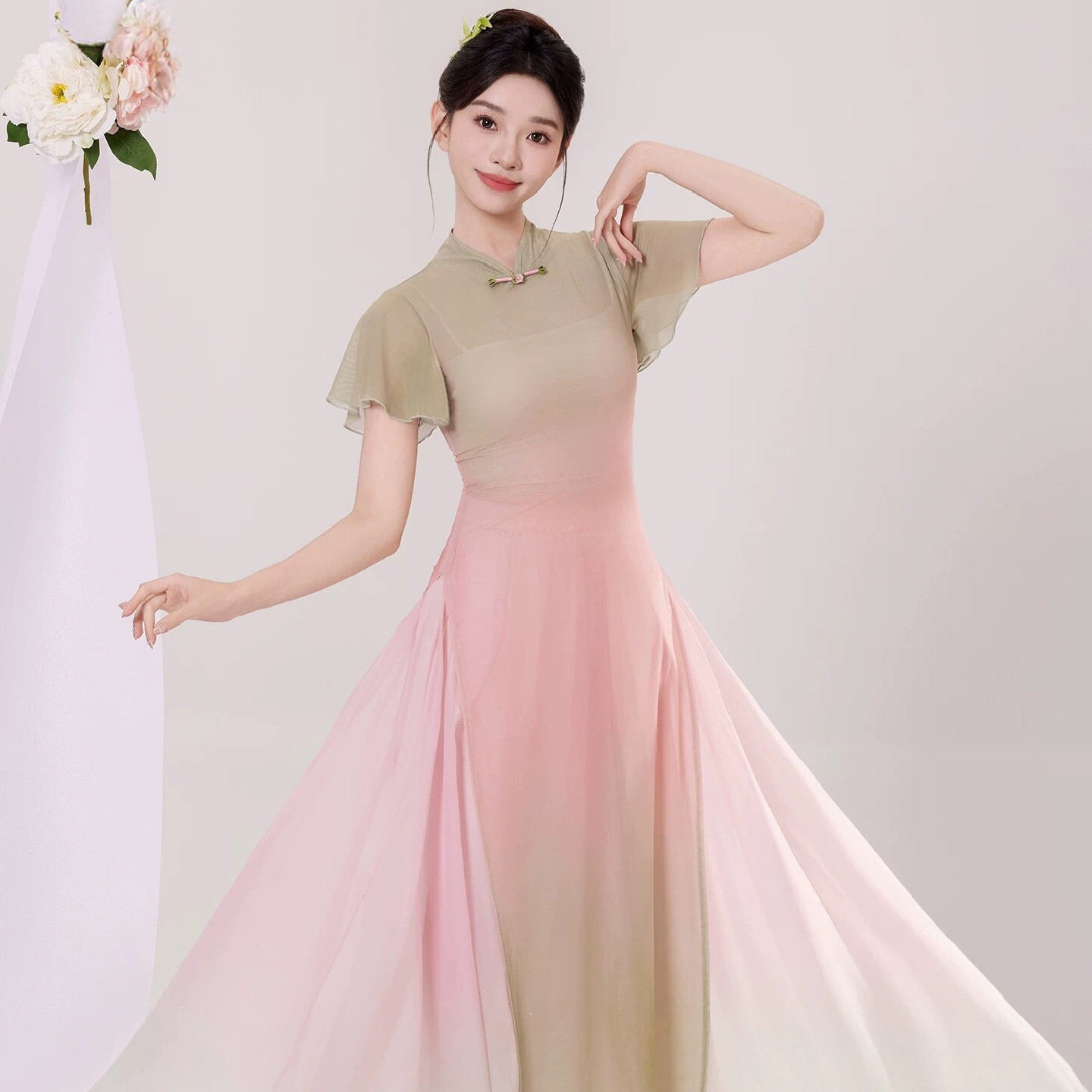 古典舞蹈服女新中式弹力旗袍长款纱衣练功服中国民族舞蹈表演出服