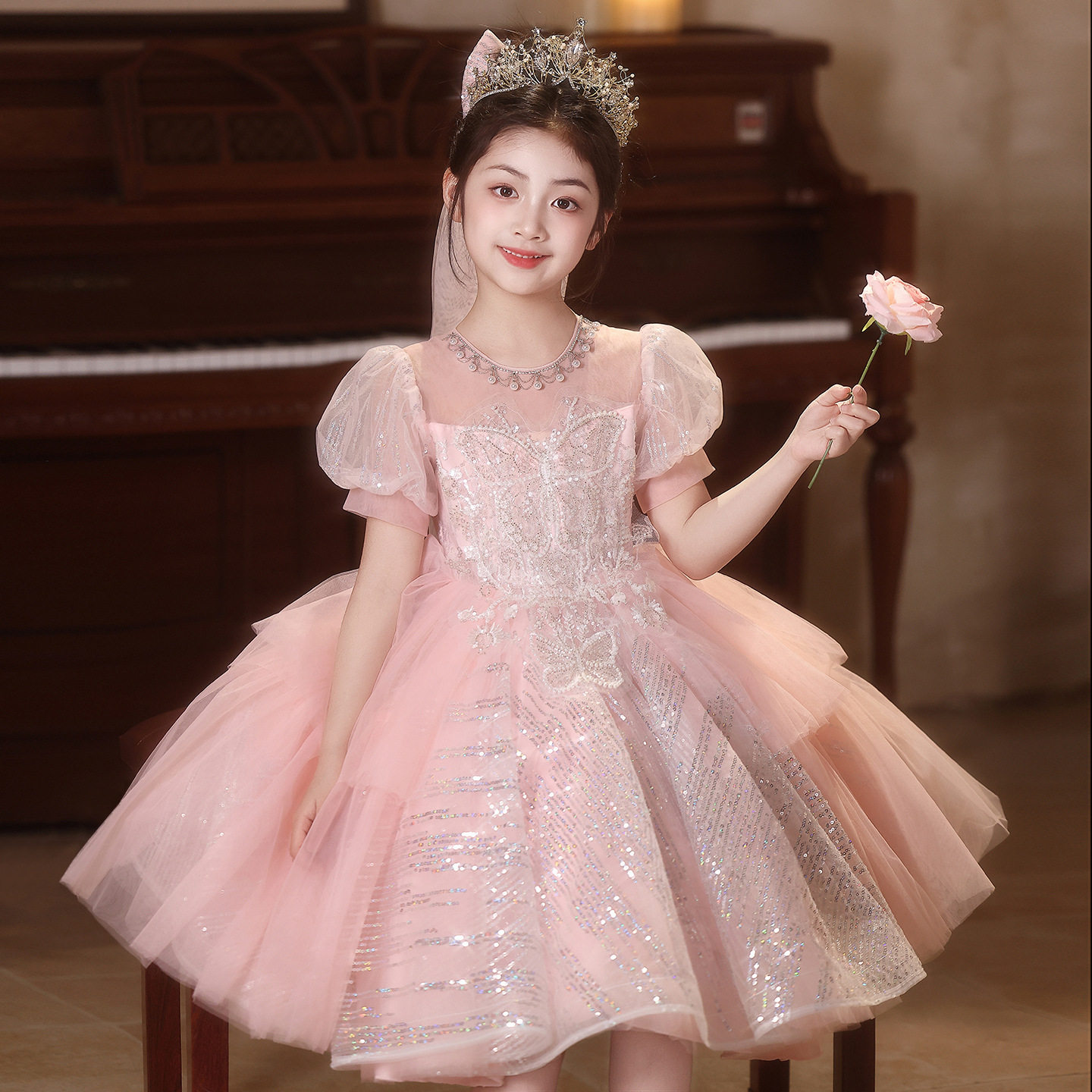 女童礼服高端轻奢小众主持人绝美粉色花童生日公主裙儿童钢琴演奏