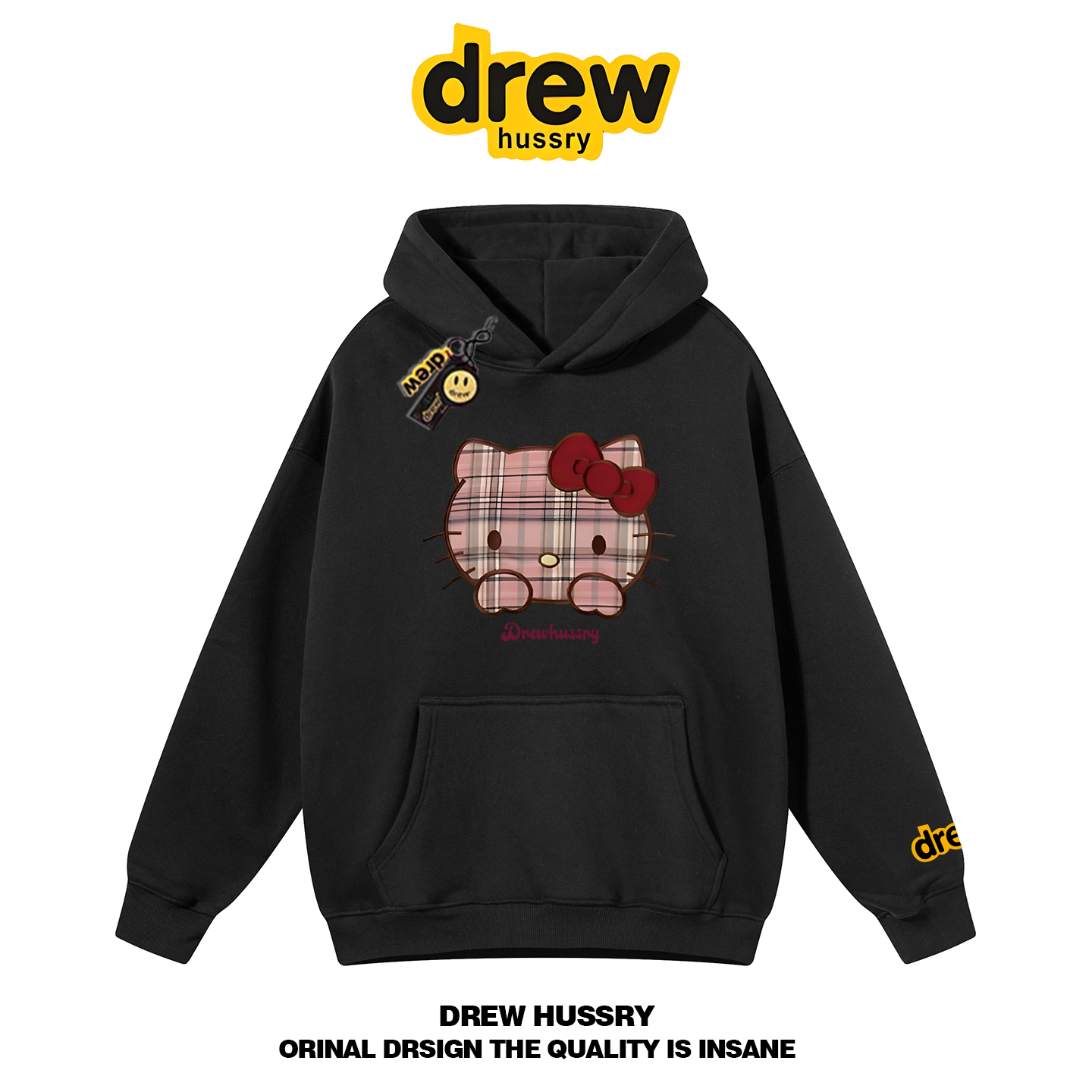 drew潮牌格子Kitty猫连帽卫衣INS