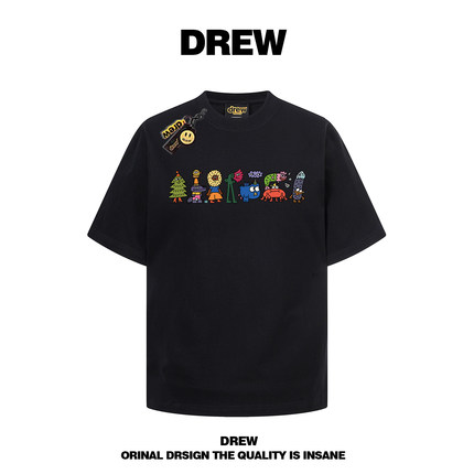 drew美式潮牌涂鸦卡通印花短袖T恤男女街头宽松纯棉情侣装上衣INS